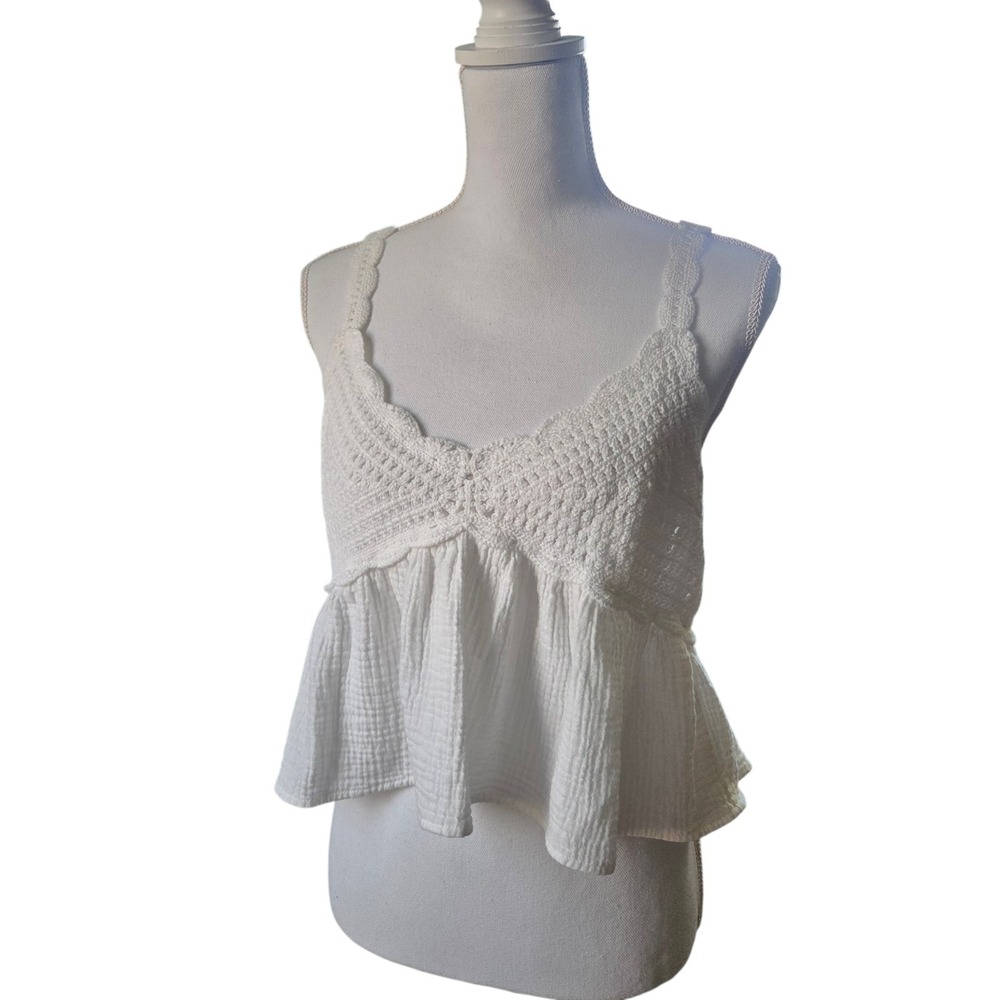 Crochet Babydoll Cropped Cami L White Scalloped Eyelet Coastal Boho Chic Peplum